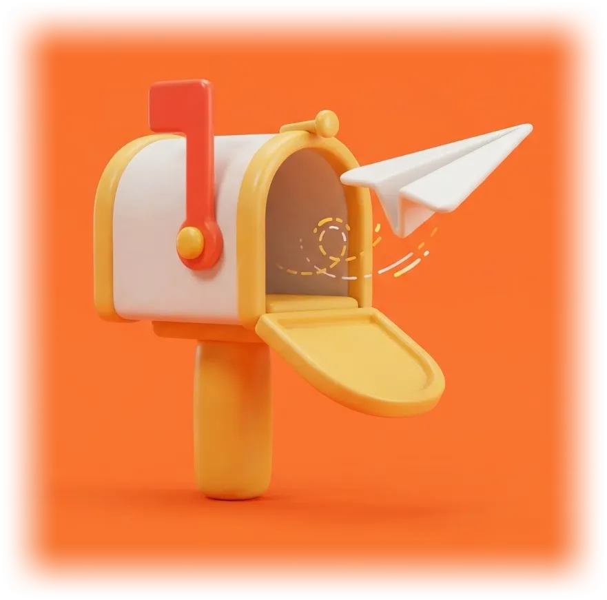 3D cartoon paper plane flying out of a mailbox.