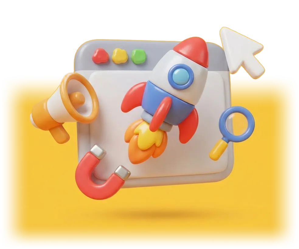3D cartoon rocket bursting out of a browser window, with a megaphone, a magnet, a magnifying glass and a cursor arrow floating around it.