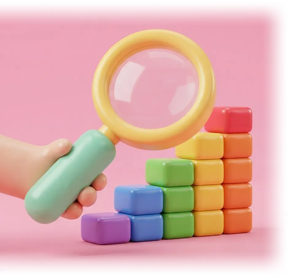 3D cartoon magnifying glass over a rising bar chart of toy blocks.