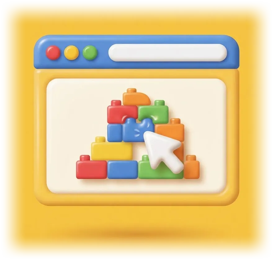 3D cartoon browser window with building blocks and a cursor arrow.